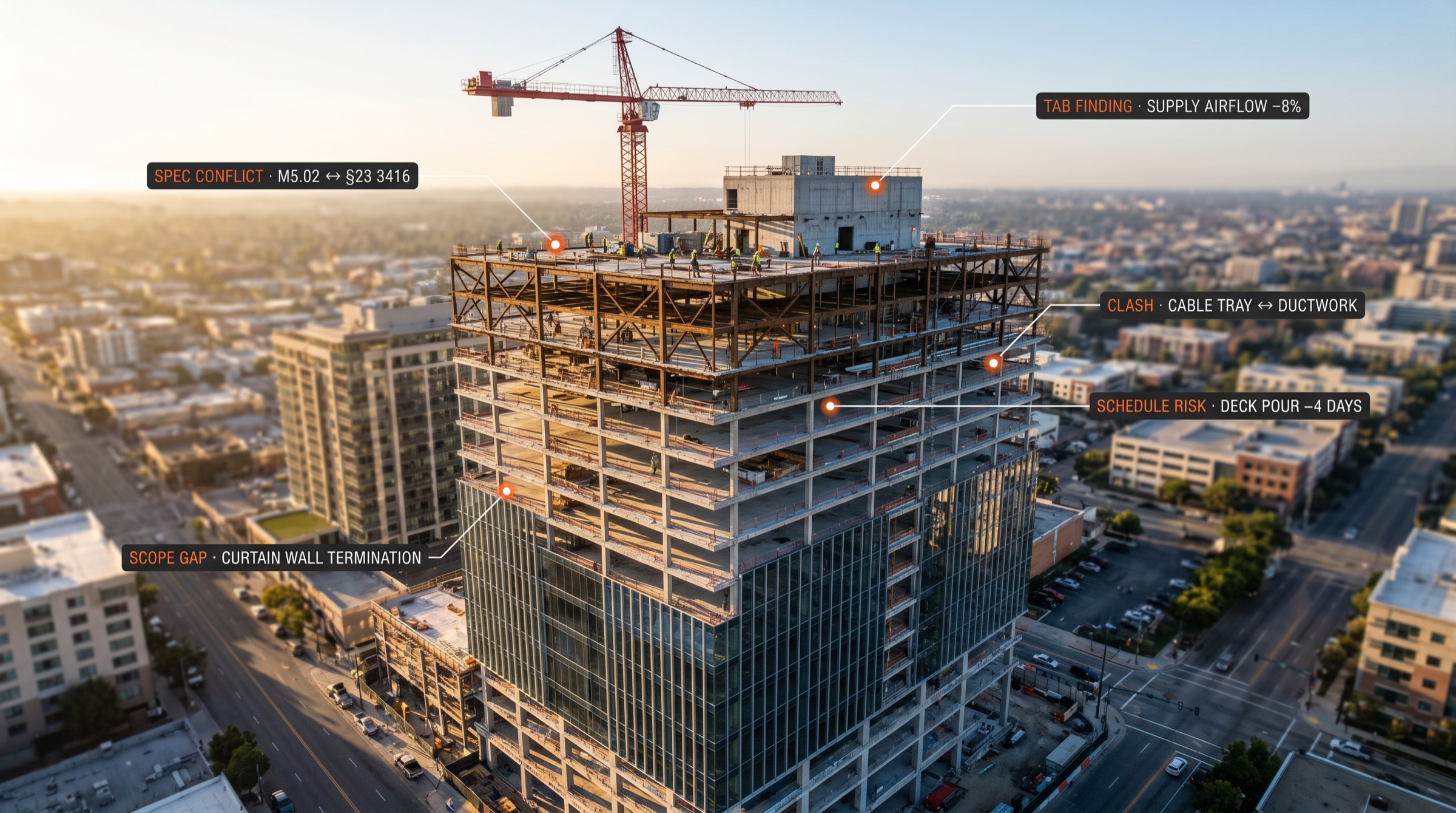 Commercial high-rise under construction with Struxen findings annotated: spec conflicts, scope gaps, schedule risks, TAB deviations, and MEP clashes