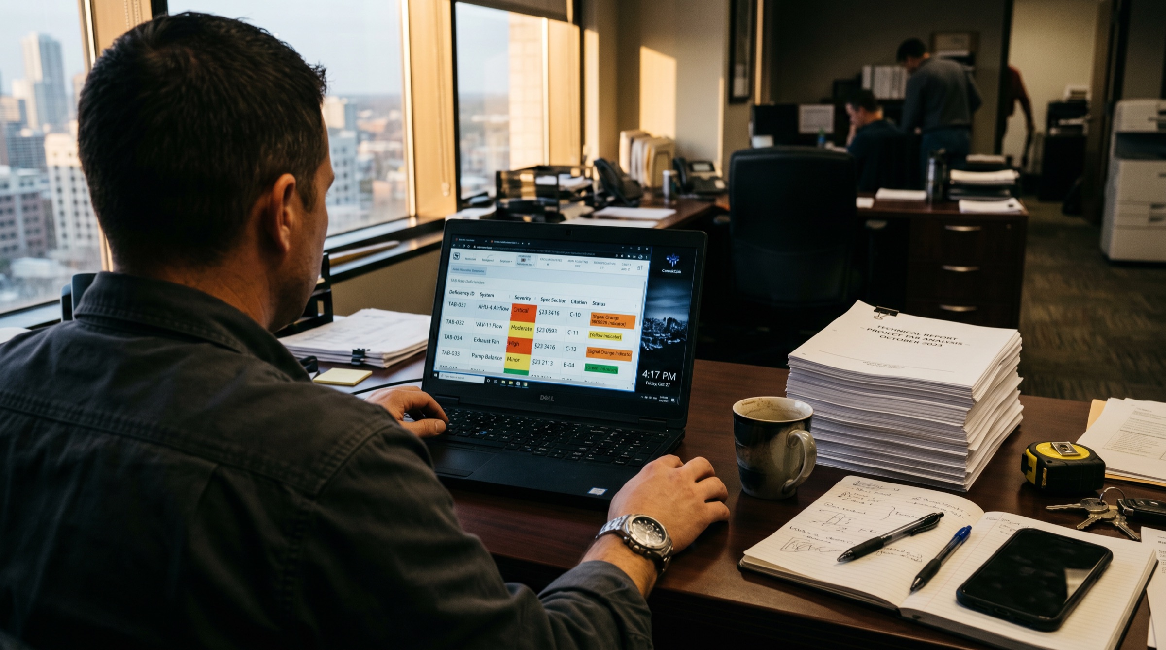 Project manager at their desk on Friday afternoon reviewing a TAB deficiency dashboard on a laptop, with a 1,240-page report printed and stacked beside the keyboard