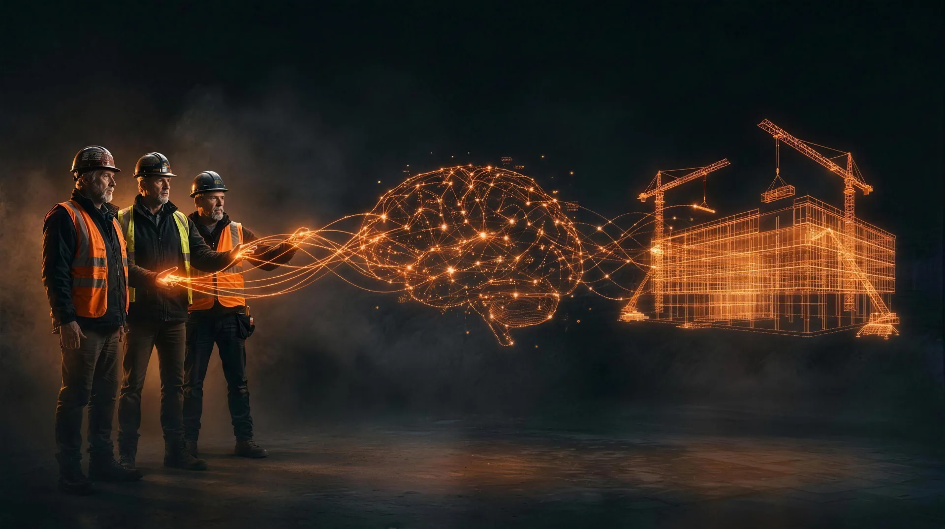On the left, three experienced builders in hard hats. In the center, their shared field knowledge shown as a glowing network. On the right, the Vantage agents assembling a building under construction.