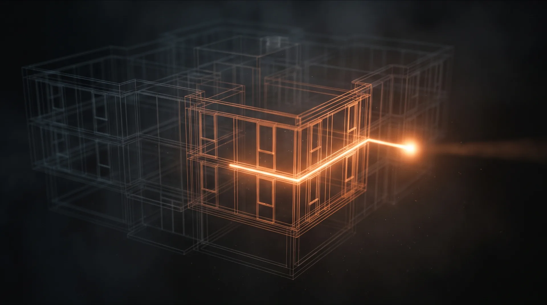A wireframe building, one half cool and dim, the other half glowing orange, with a bright orange spark arriving from the right: the answer returning from Forma into the model.