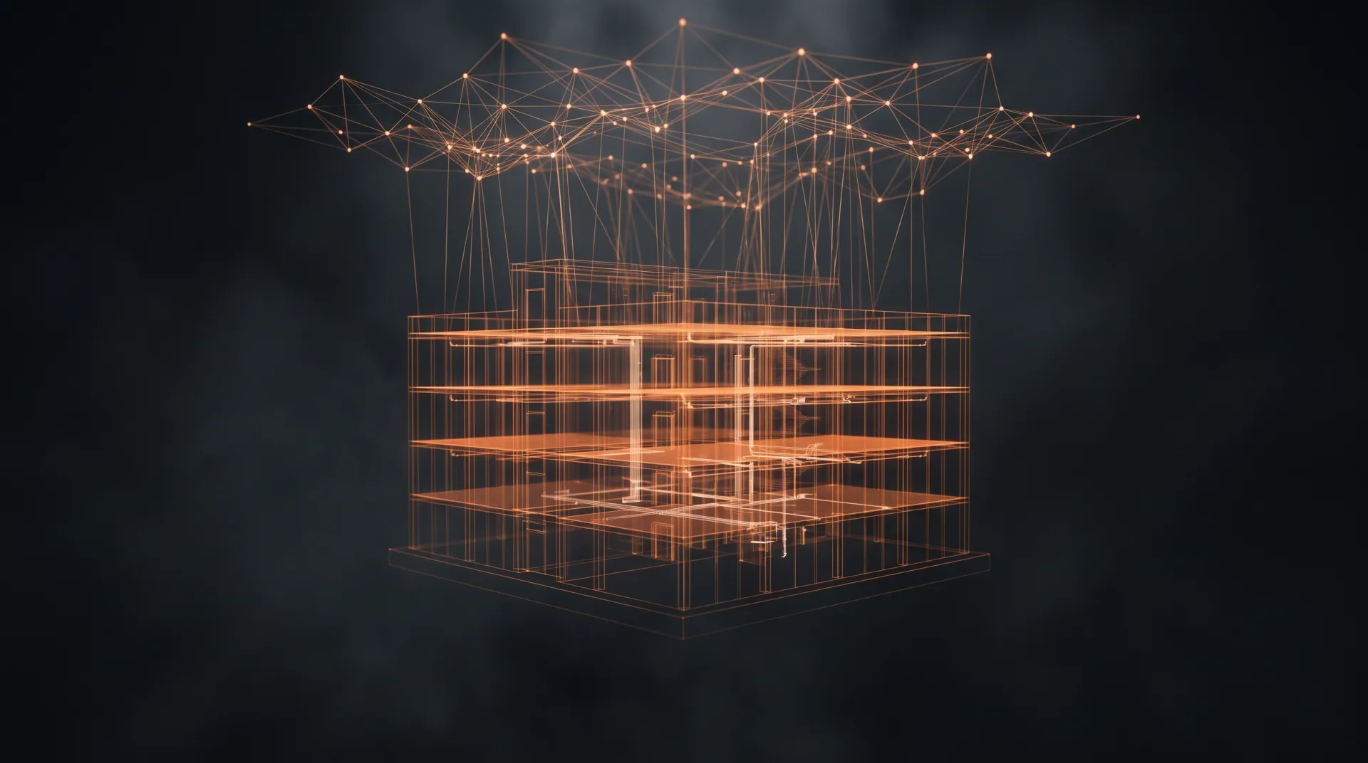 A glowing orange wireframe multi-story building fed from above by a lattice of connected points of light: the Vantage agents building the project on the Struxen Lattice.