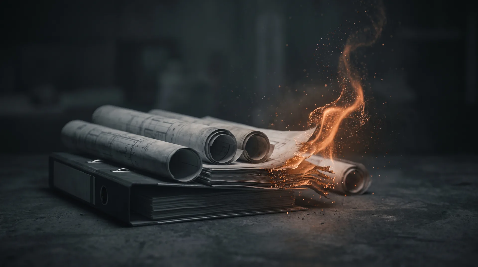 A stack of rolled construction drawings and a binder on a dark surface, one edge dissolving into a rising stream of orange embers: the project set flowing into Struxen.