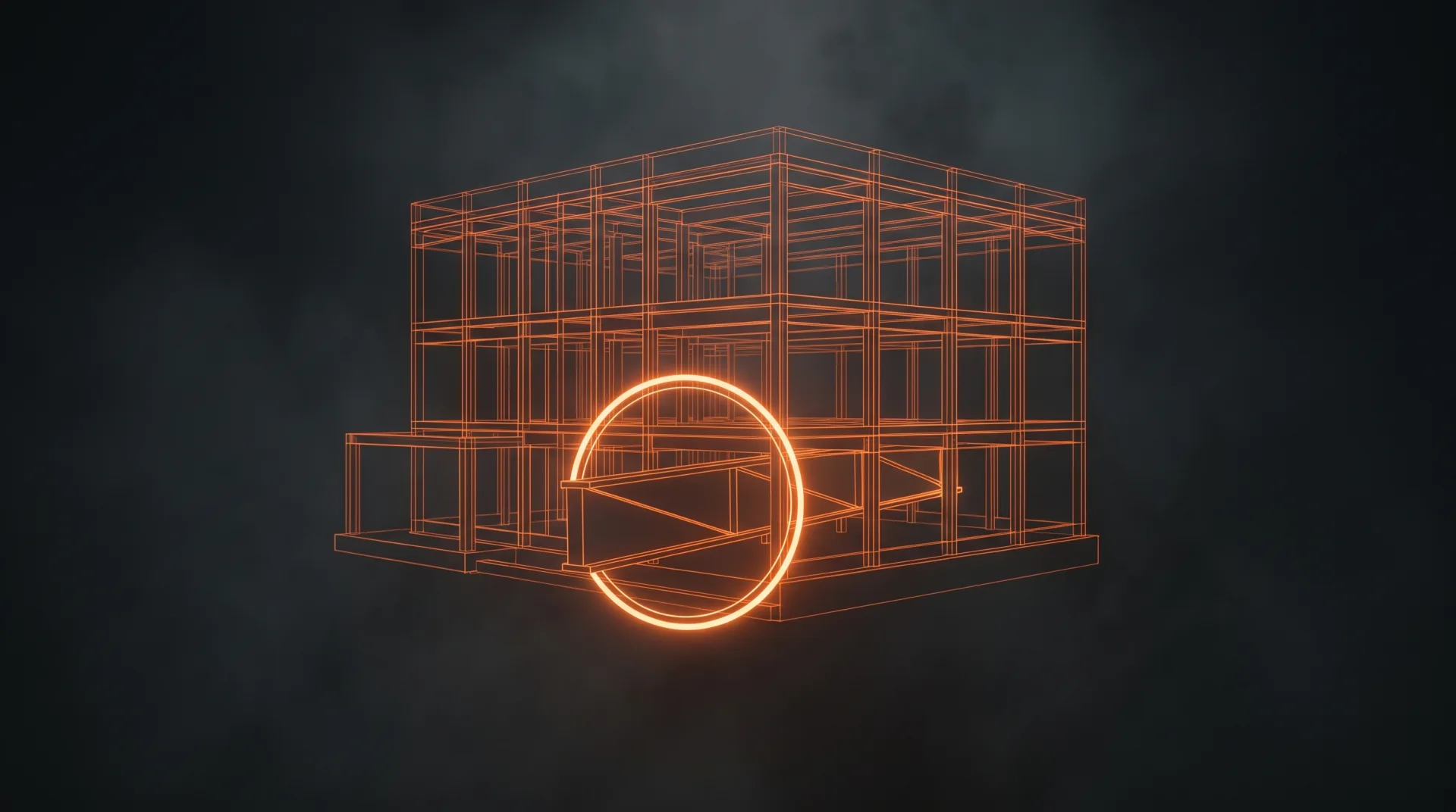 A wireframe building frame with a bright glowing orange verification ring in the foreground: the agent confirming the fix is built and the problem is solved.