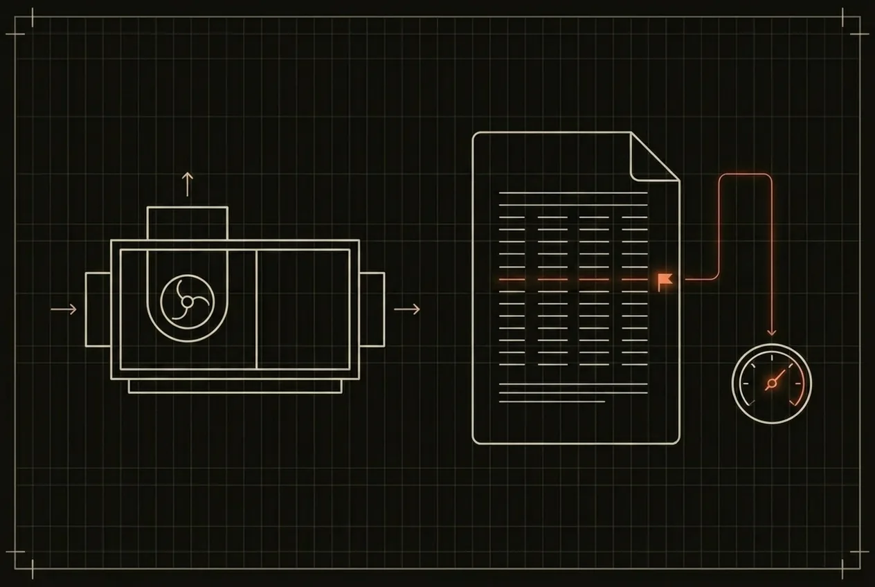 Schematic: an air handling unit and a test and balance report with one marked reading routed to a gauge