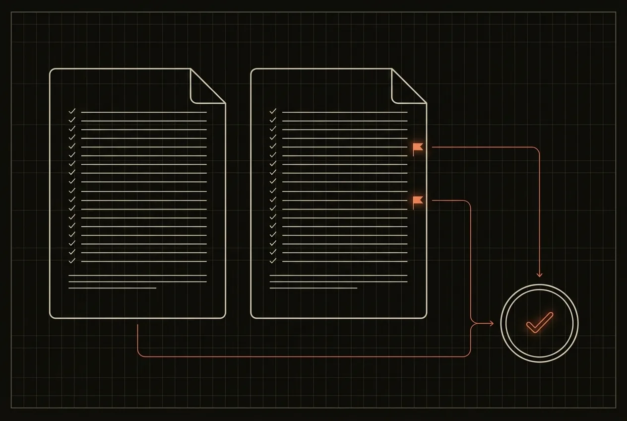 Schematic: a submittal checked line by line with two marked rows