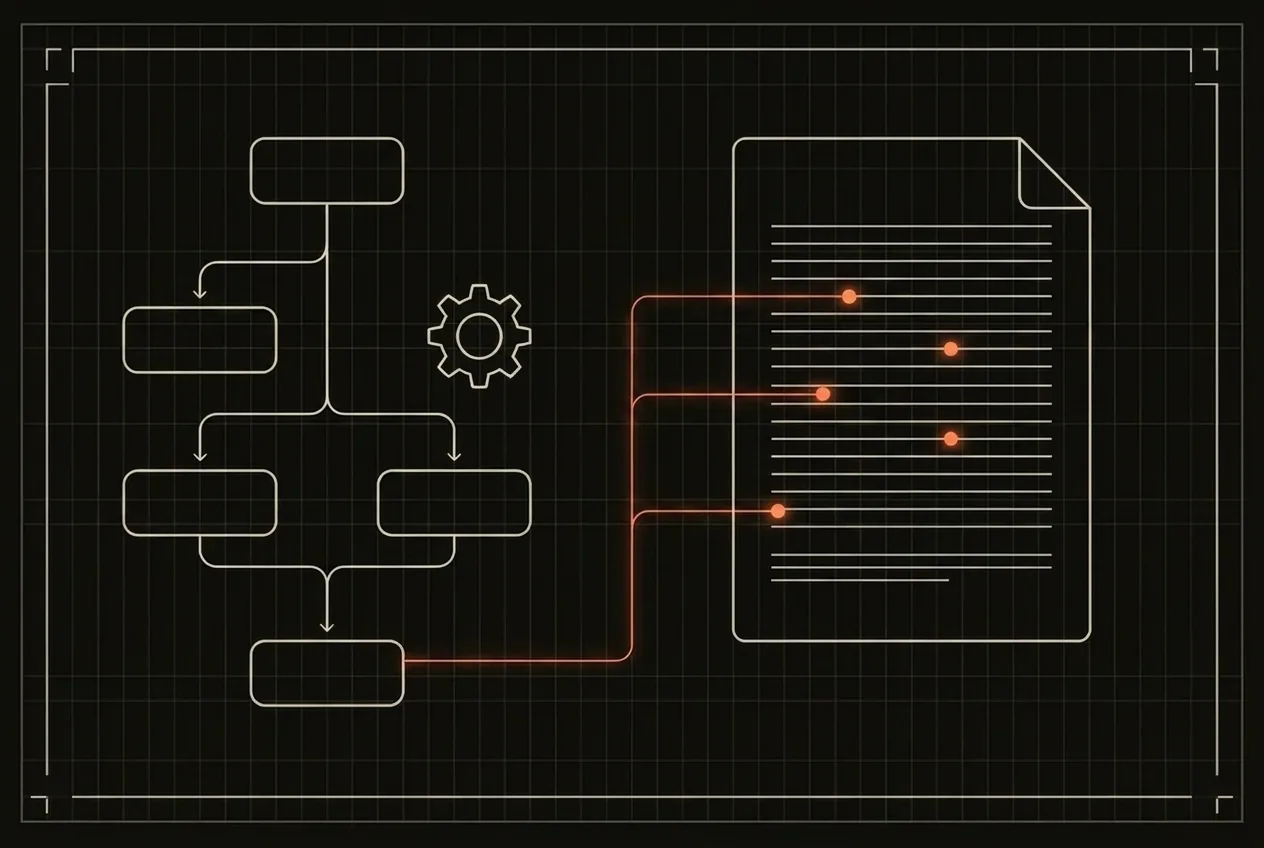 Schematic: a custom multi-step workflow with a gear, routing marked problems back from a document sheet